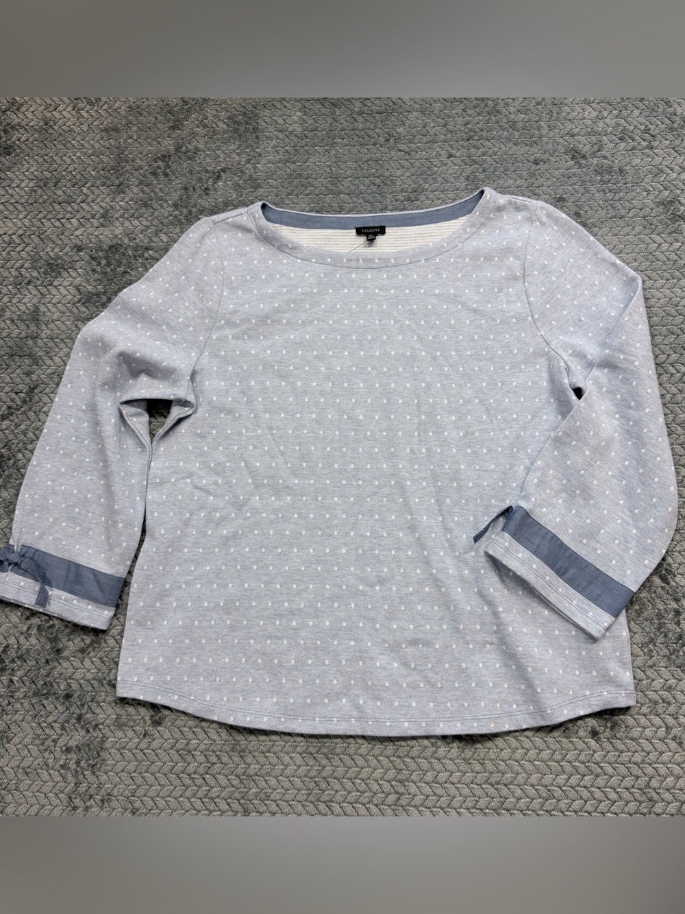 Talbots Light Blue Polka Dot Boatneck Top with Bow Cuff Details NWT Size XL